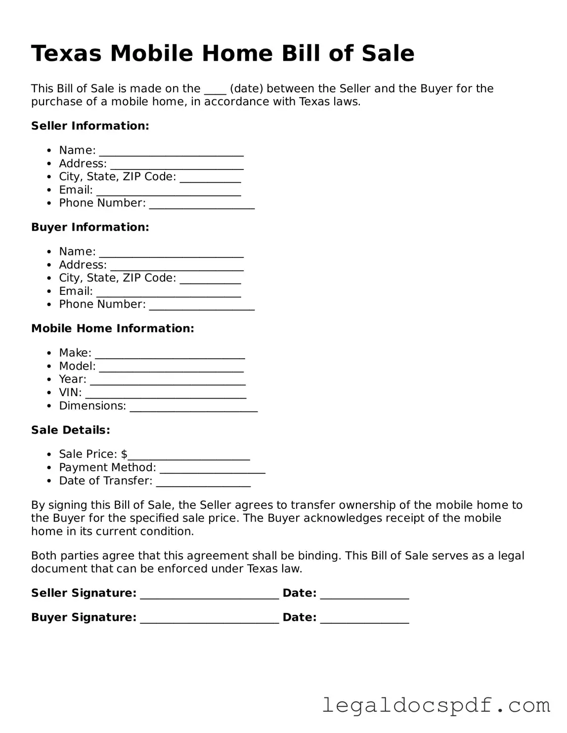 Legal Texas Mobile Home Bill of Sale Form