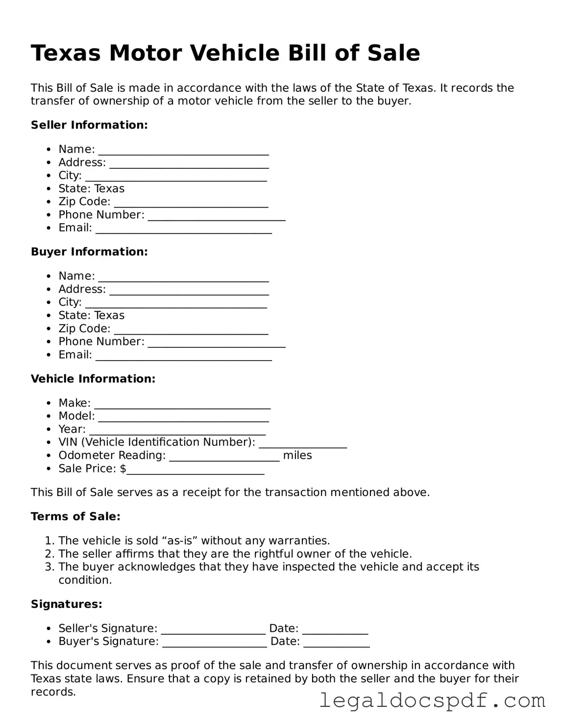 Legal Texas Motor Vehicle Bill of Sale Form