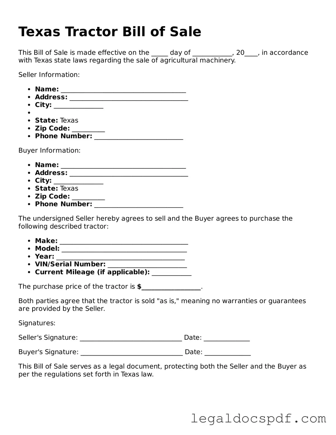 Legal Texas Tractor Bill of Sale Form