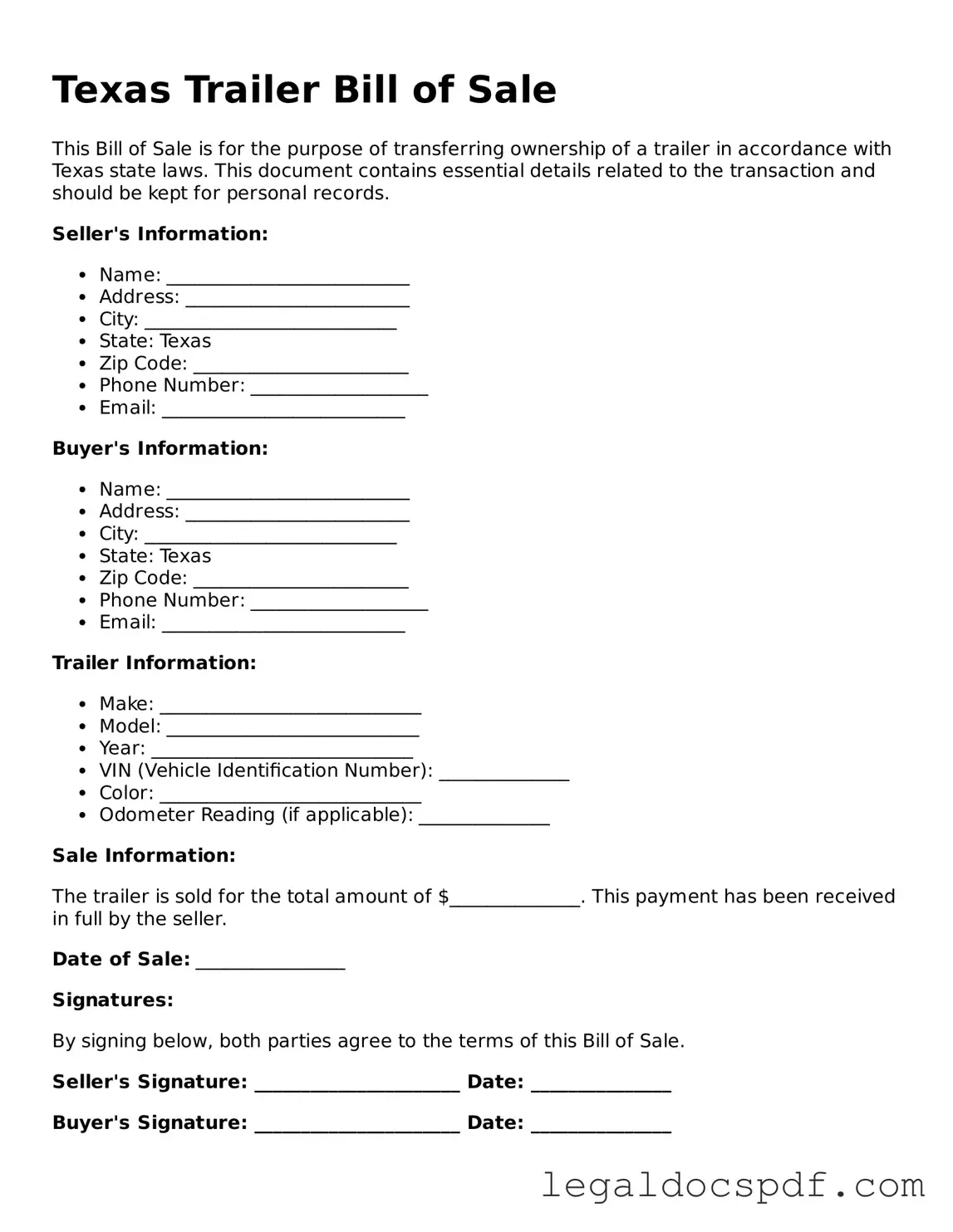 Legal Texas Trailer Bill of Sale Form