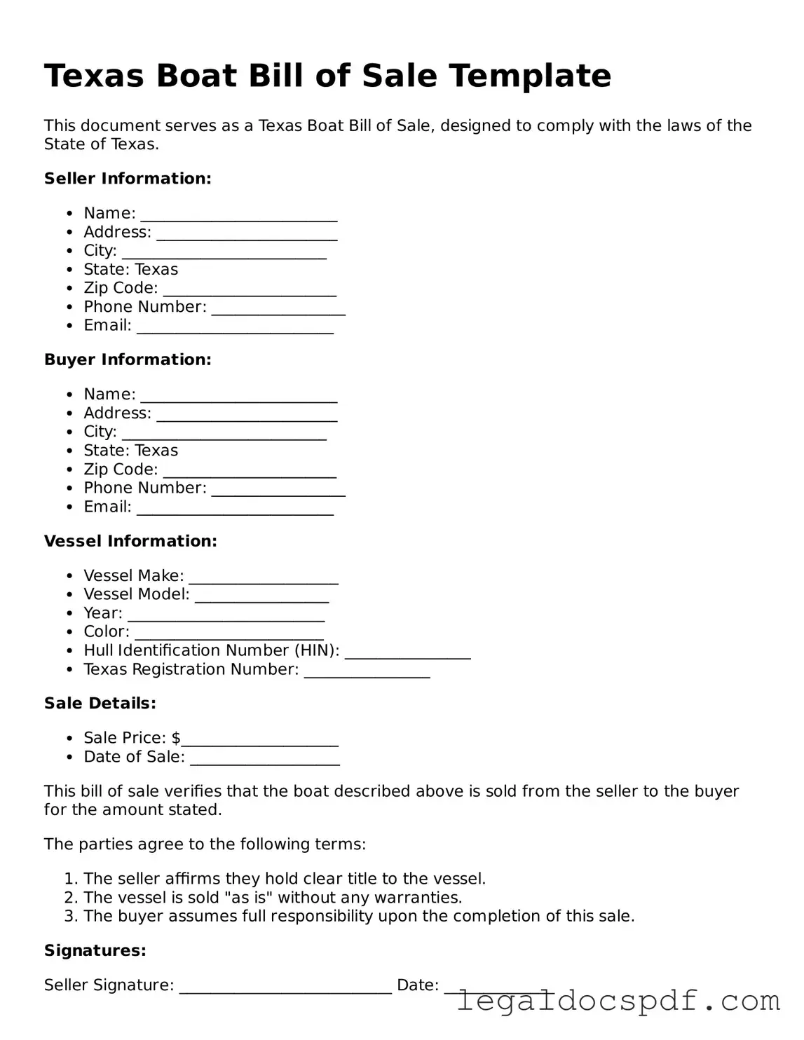 Legal Texas Boat Bill of Sale Form