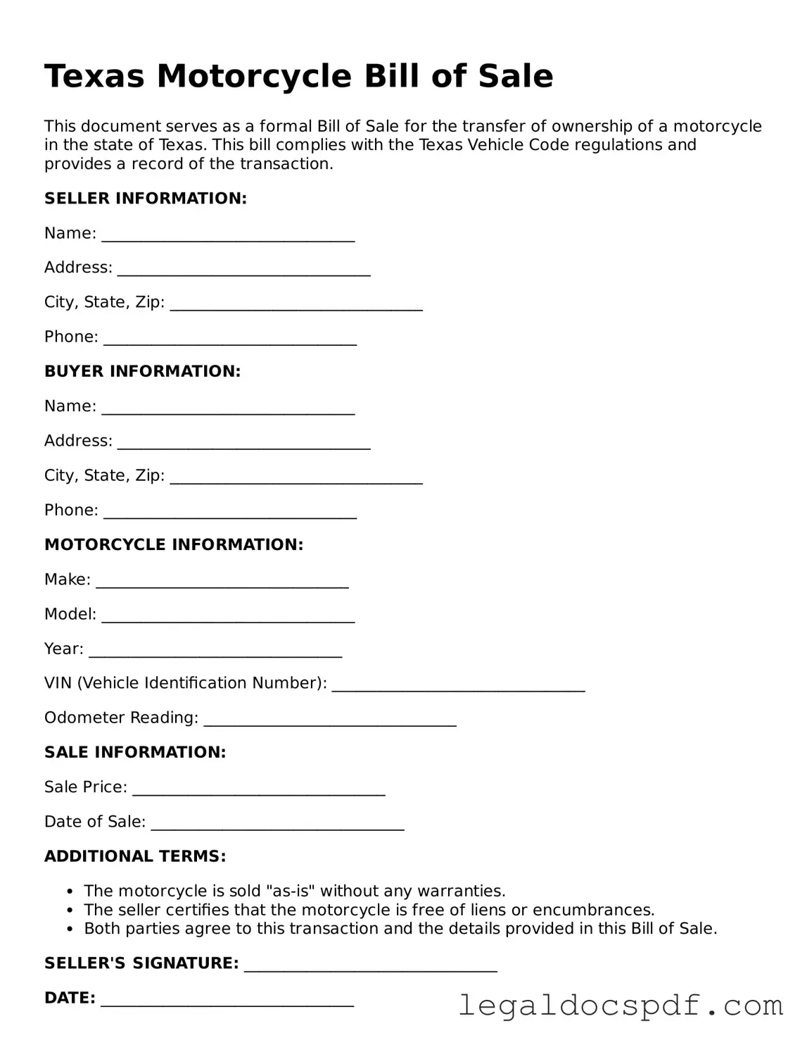 Legal Texas Motorcycle Bill of Sale Form