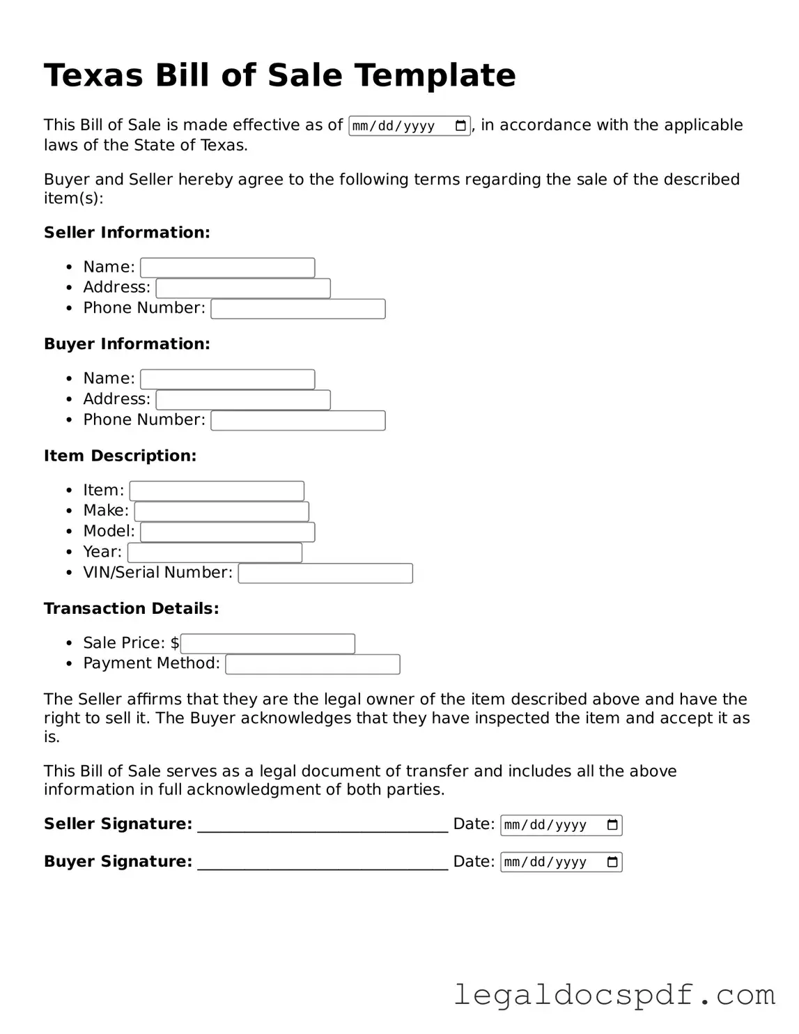 Legal Texas Bill of Sale Form
