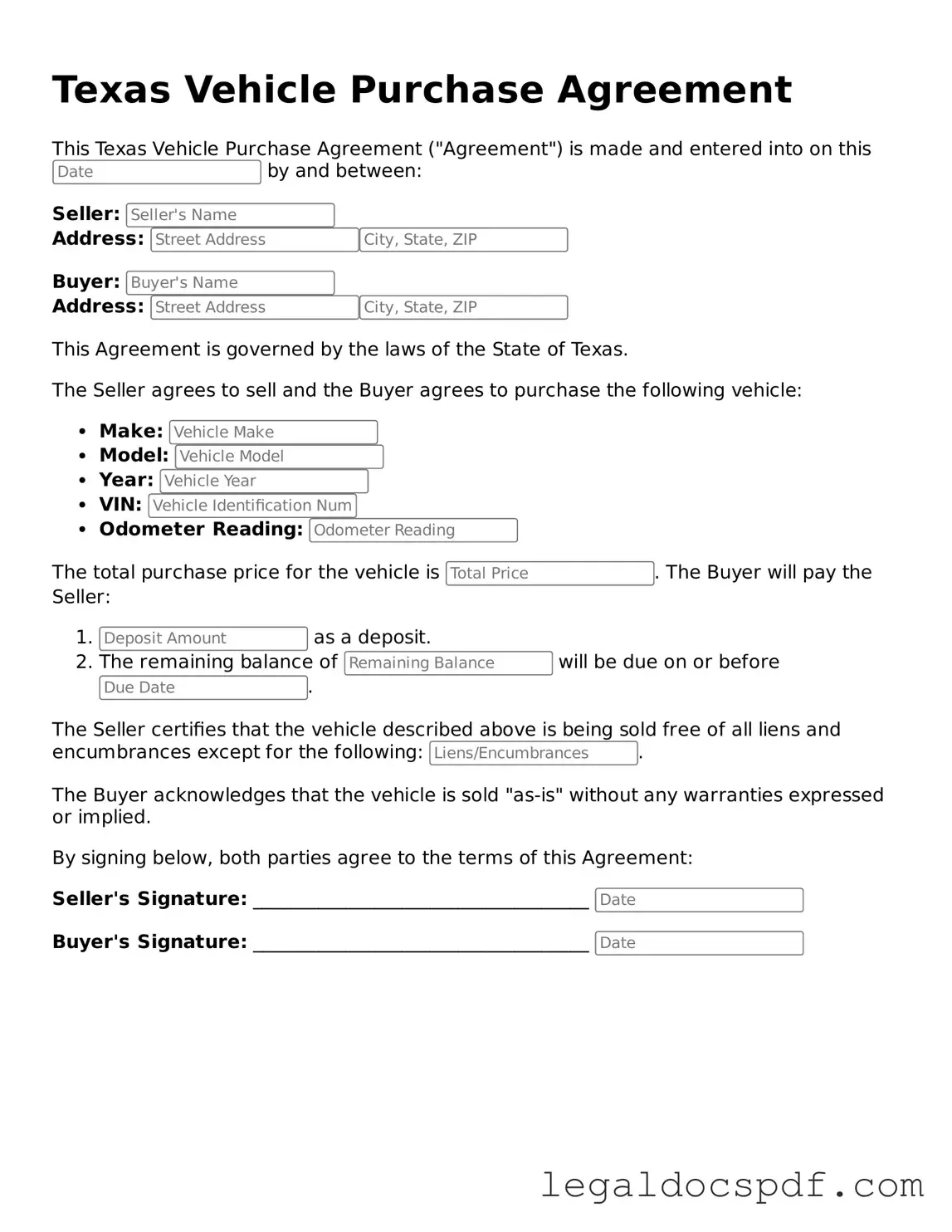Legal Texas Vehicle Purchase Agreement Form