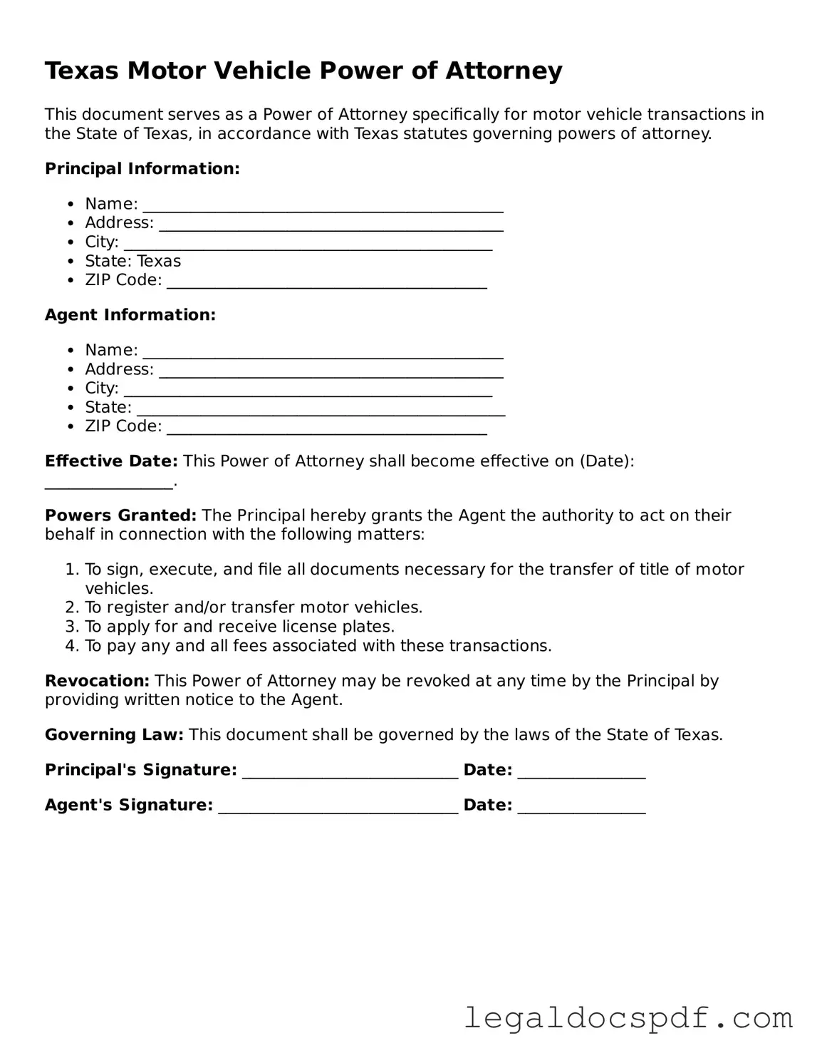 Legal Texas Motor Vehicle Power of Attorney Form