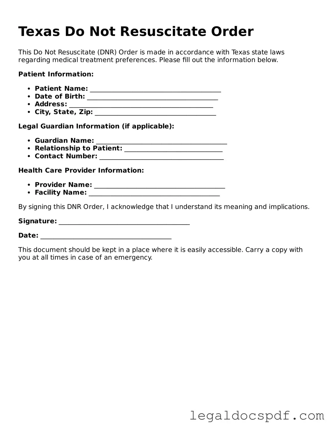 Legal Texas Do Not Resuscitate Order Form