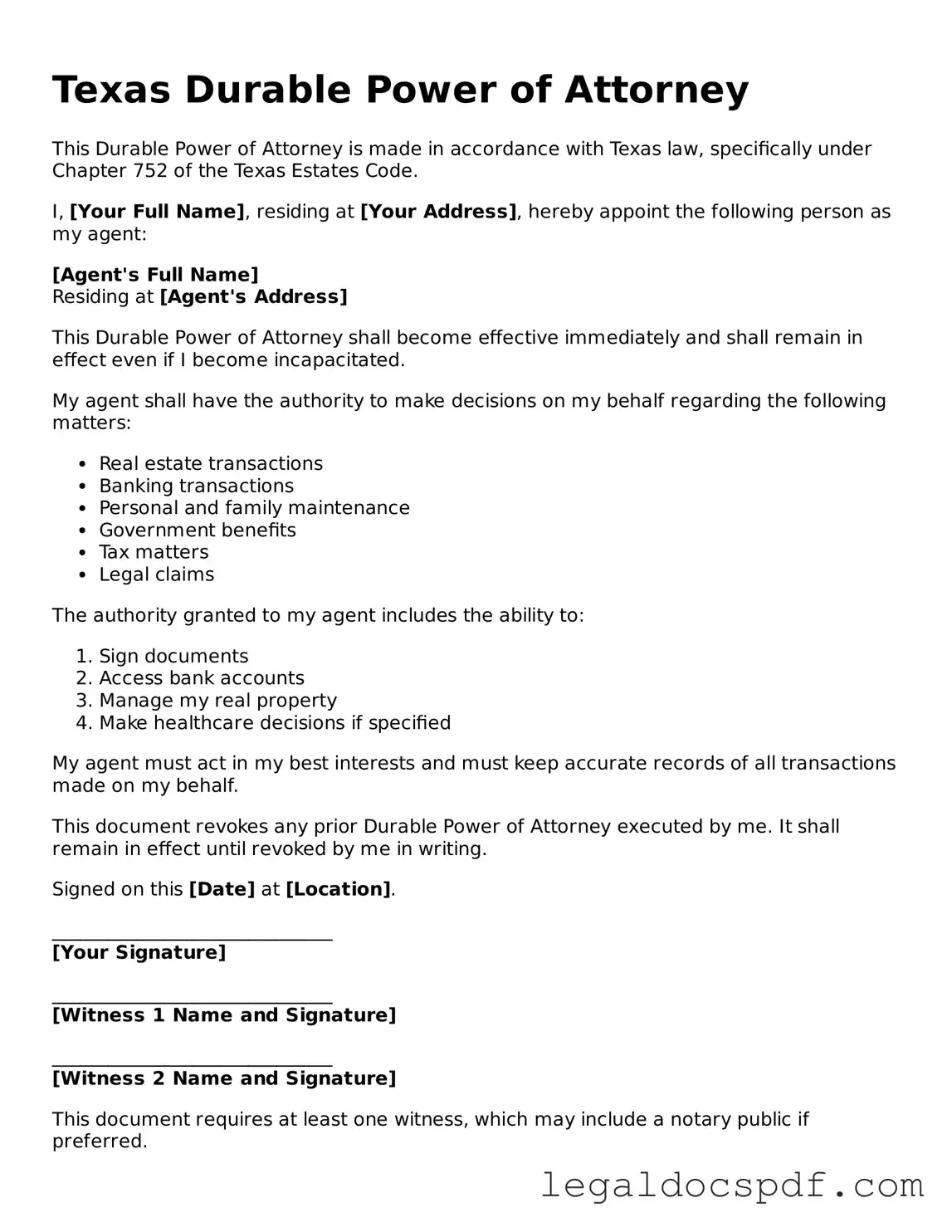 Legal Texas Durable Power of Attorney Form