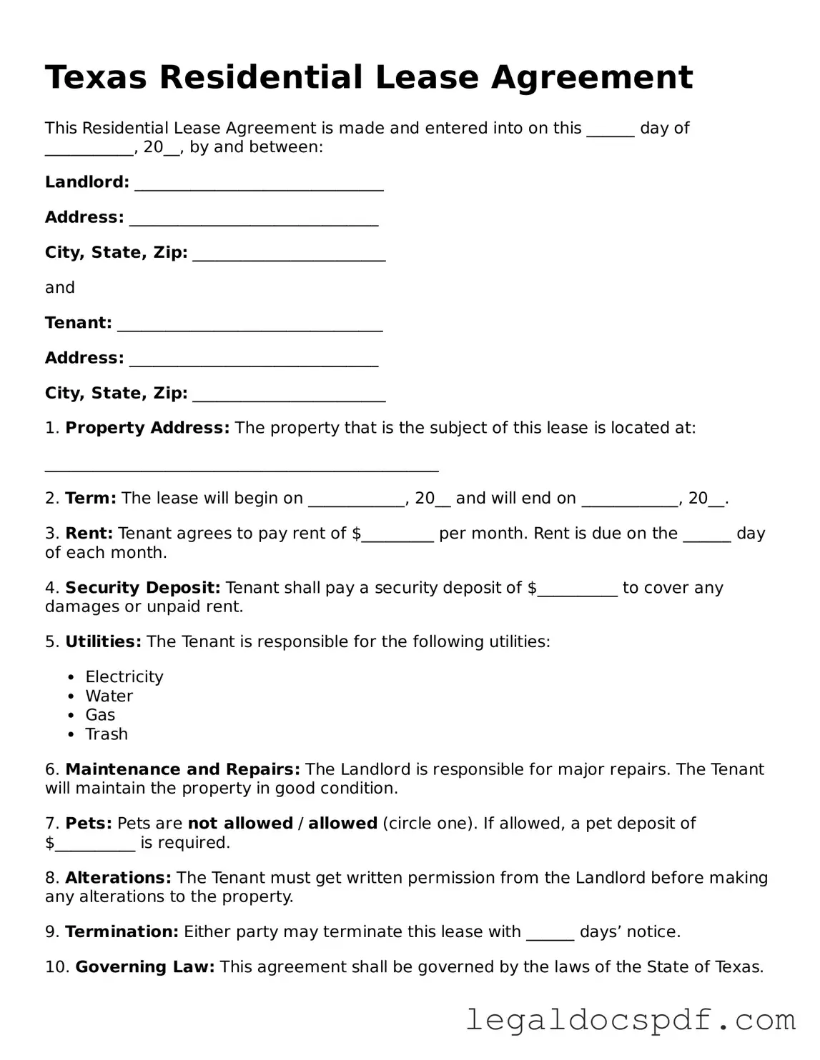 Legal Texas Residential Lease Agreement Form