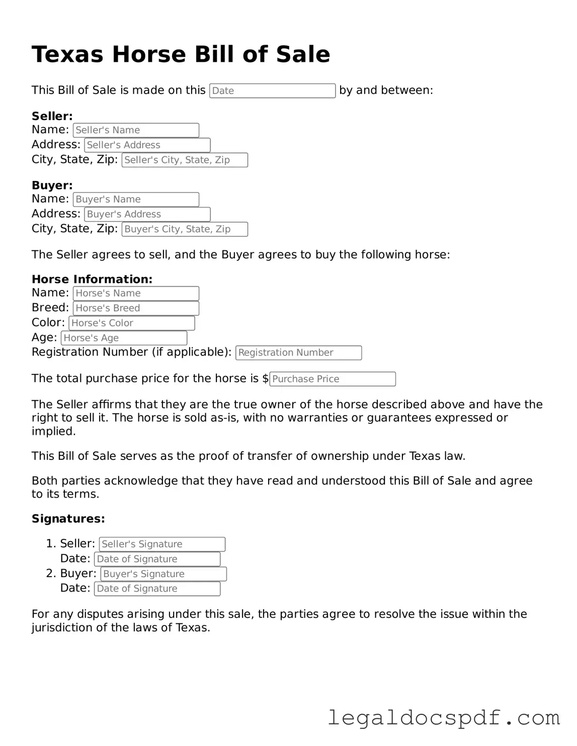 Legal Texas Horse Bill of Sale Form