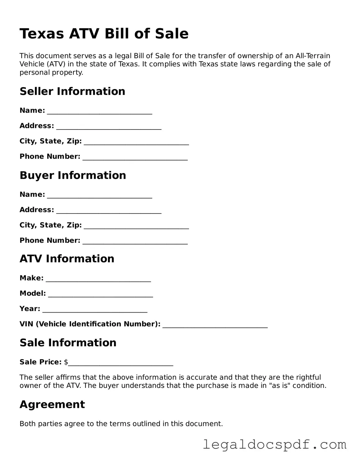 Legal Texas ATV Bill of Sale Form