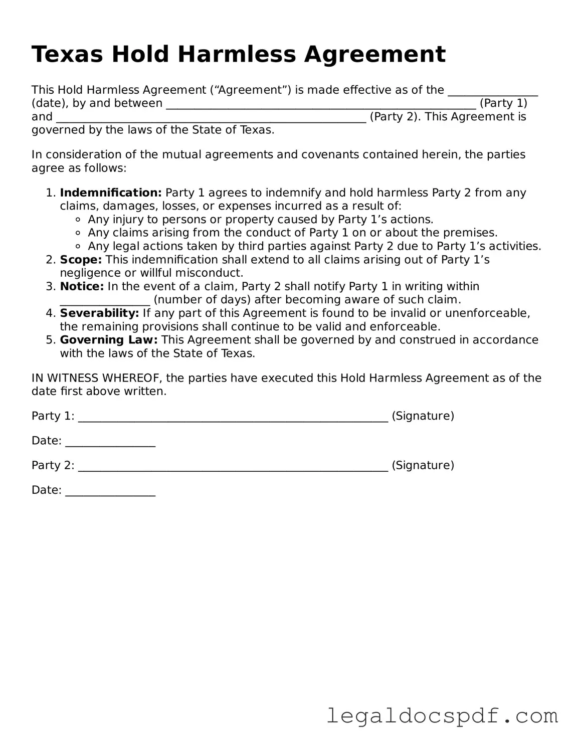 Legal Texas Hold Harmless Agreement Form