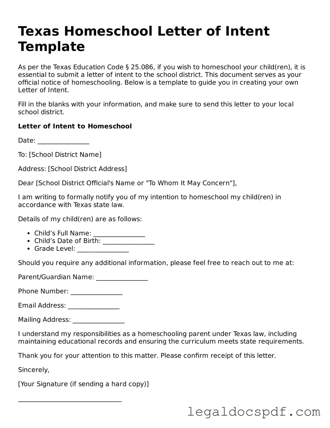 Legal Texas Homeschool Letter of Intent Form