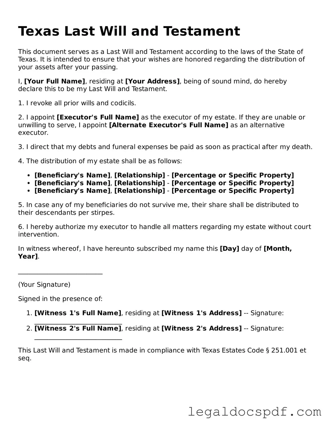 Legal Texas Last Will and Testament Form