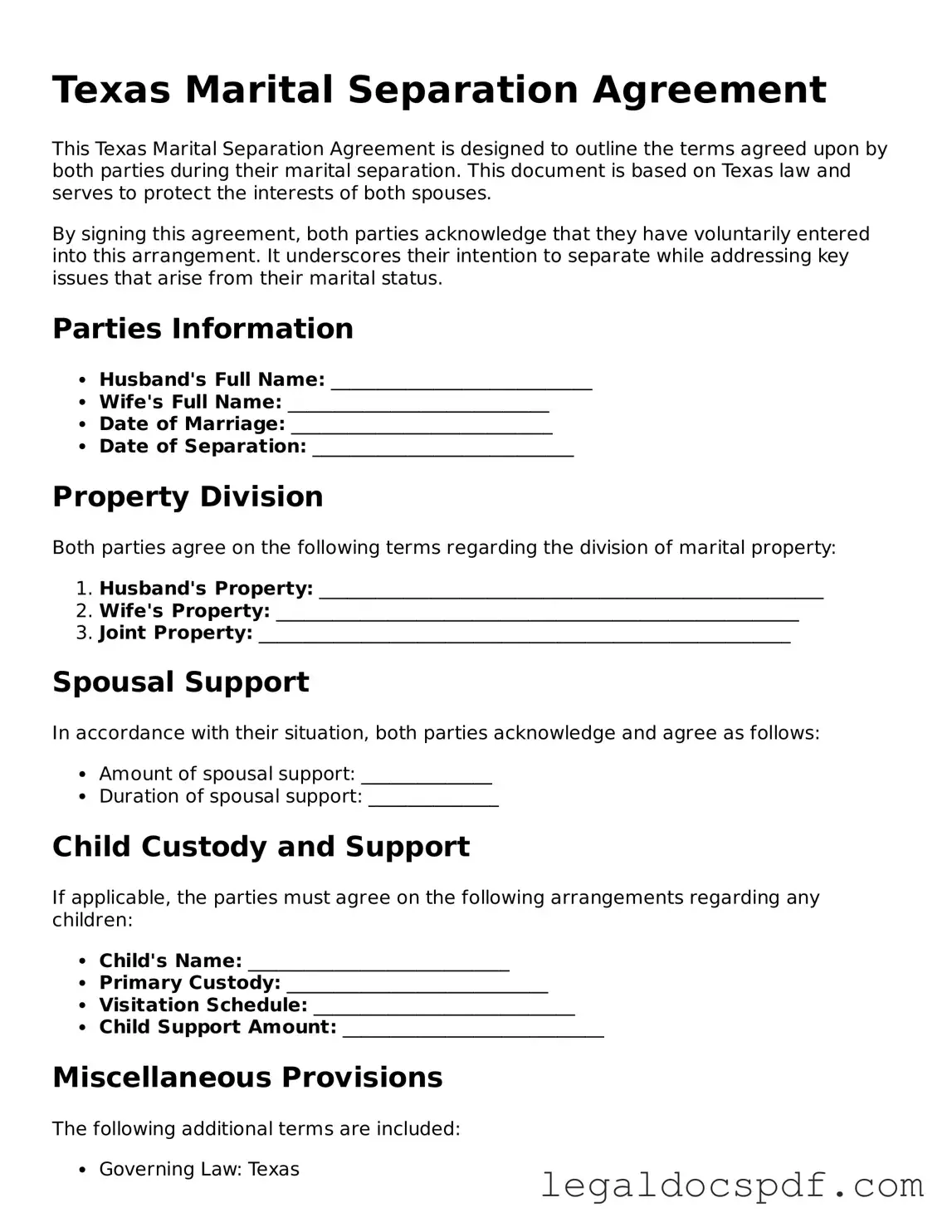 Legal Texas Marital Separation Agreement Form