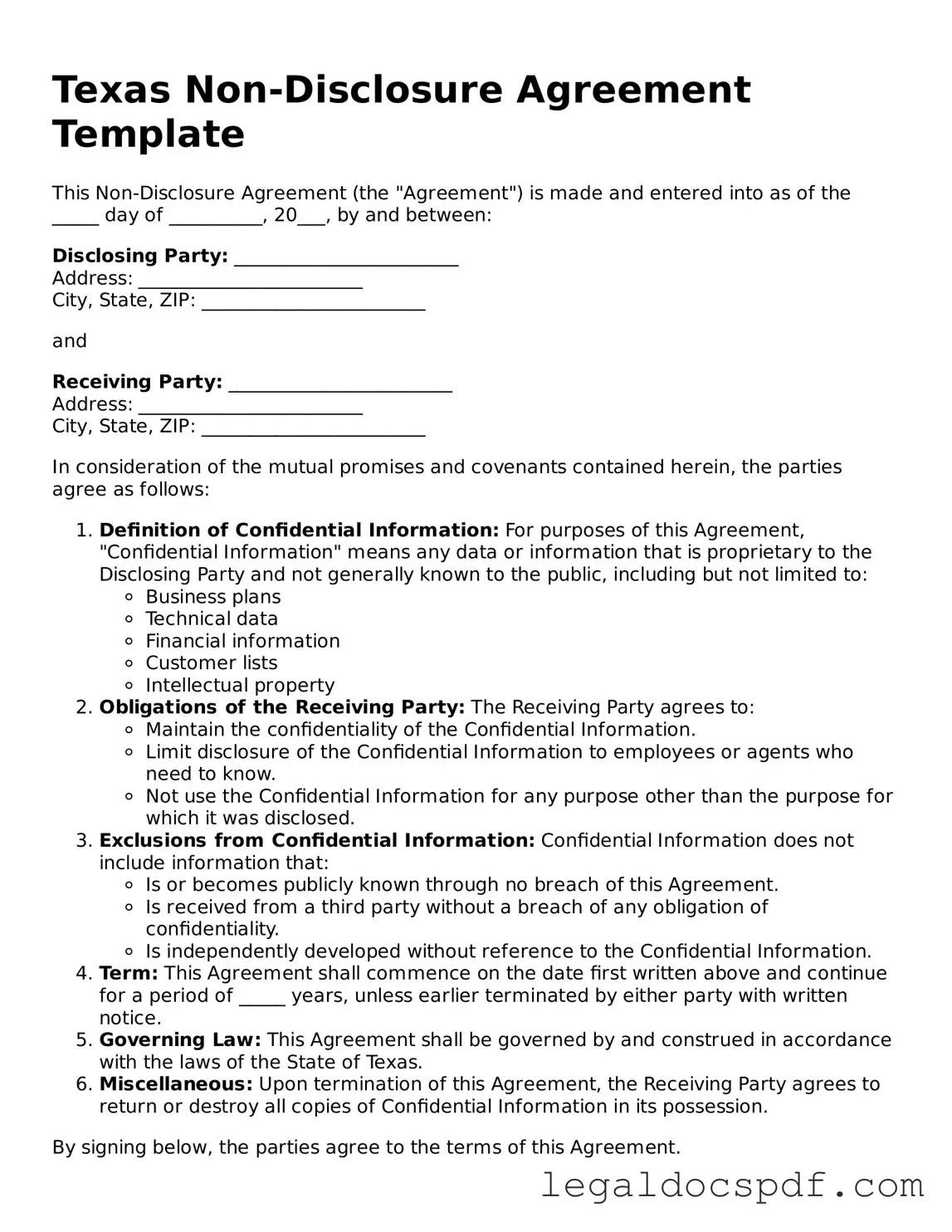Legal Texas Non-disclosure Agreement Form