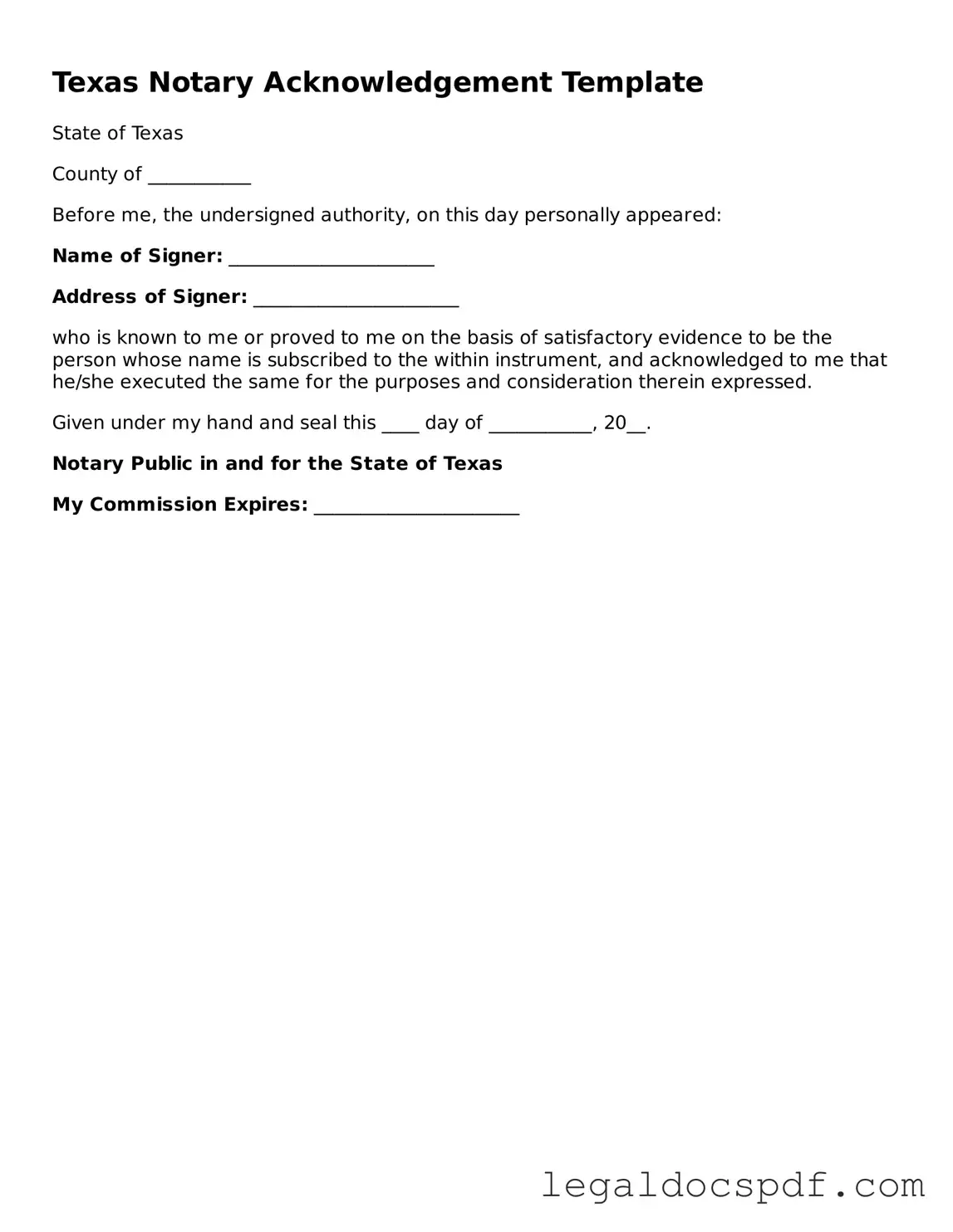 Legal Texas Notary Acknowledgement Form