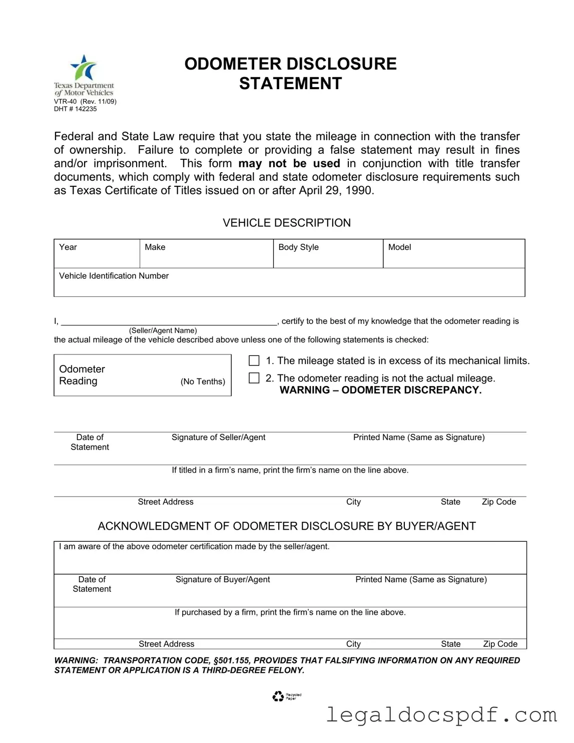 Fill Out Your Texas Odometer Statement Form