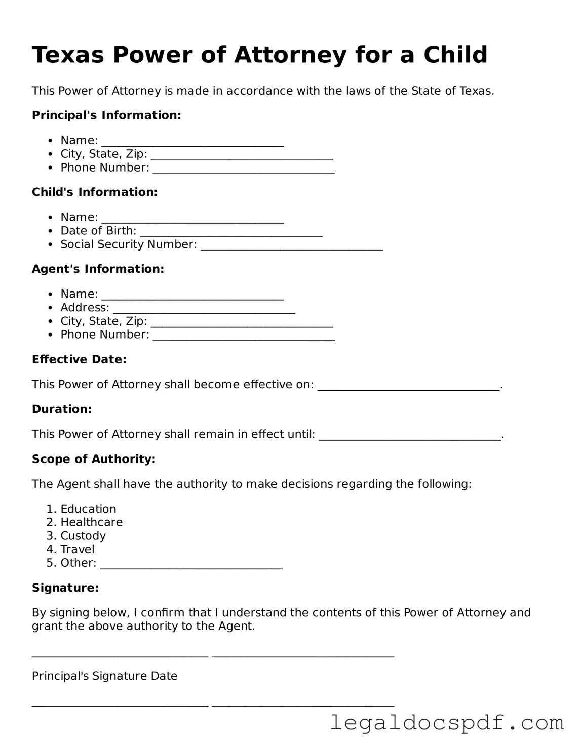 Legal Texas Power of Attorney for a Child Form