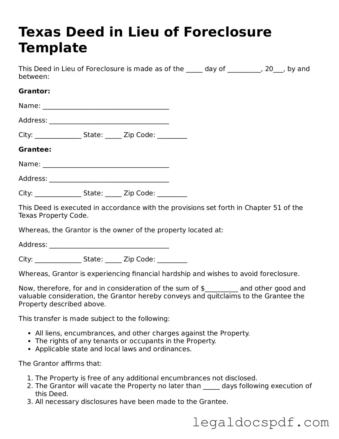 Legal Texas Deed in Lieu of Foreclosure Form
