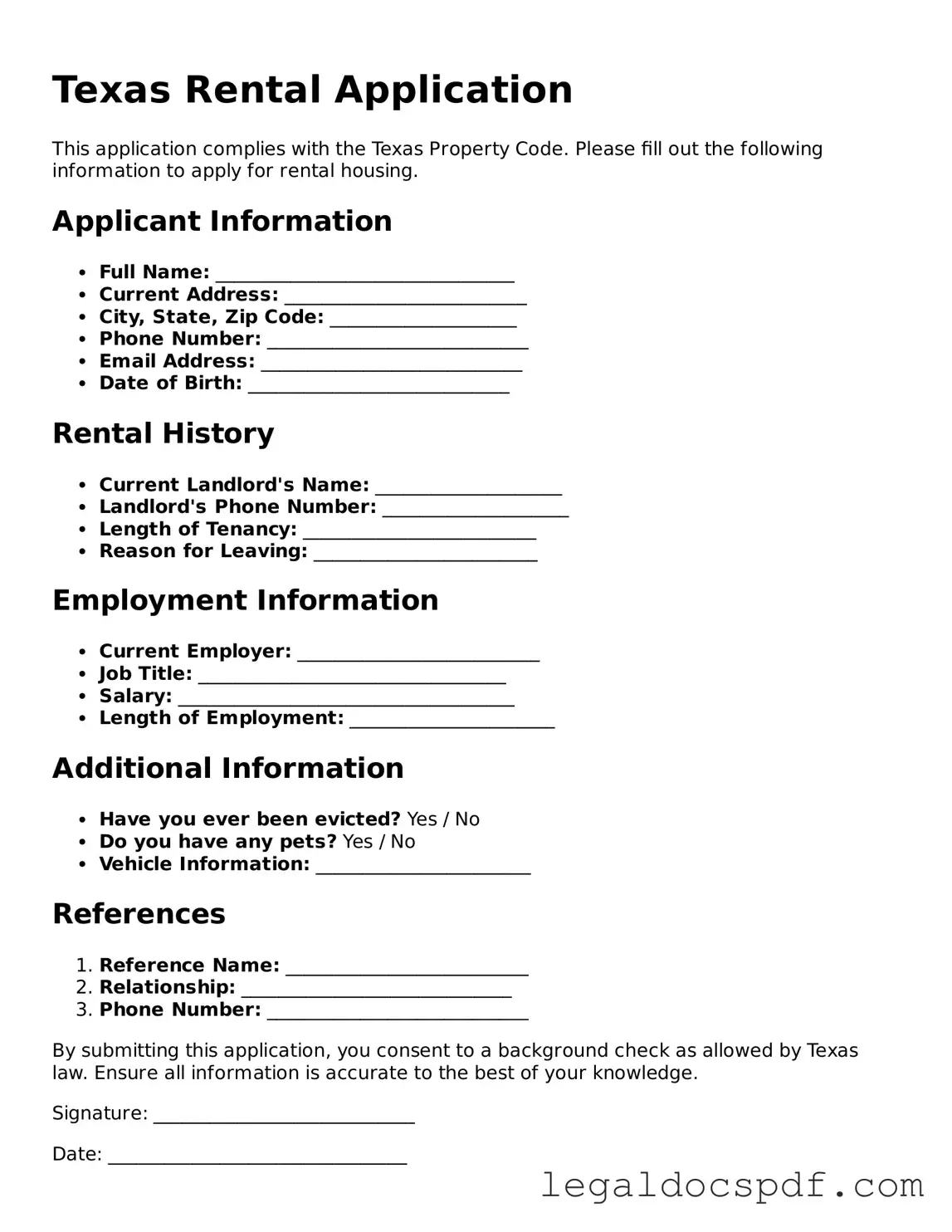 Legal Texas Rental Application Form