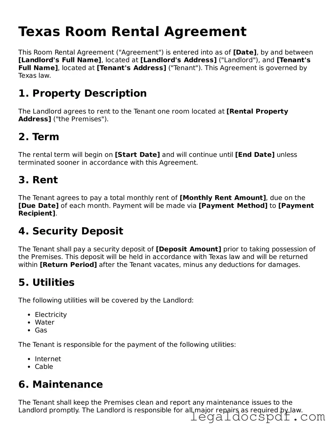 Legal Texas Room Rental Agreement Form