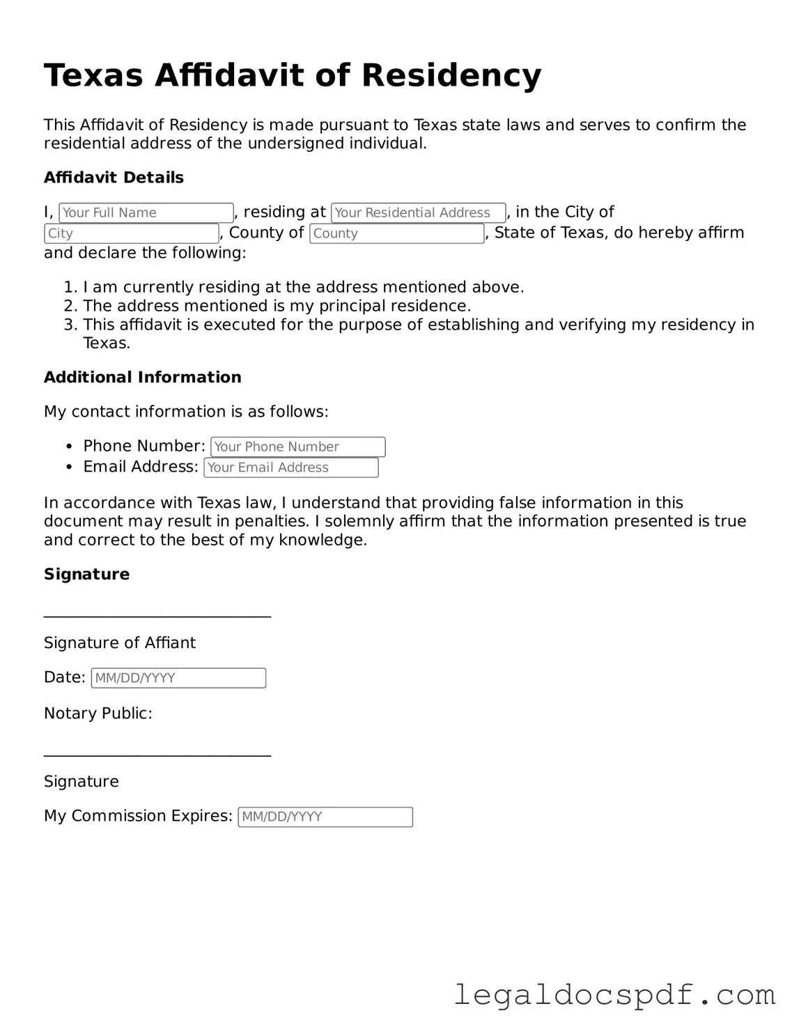 Legal Texas Affidavit of Residency Form
