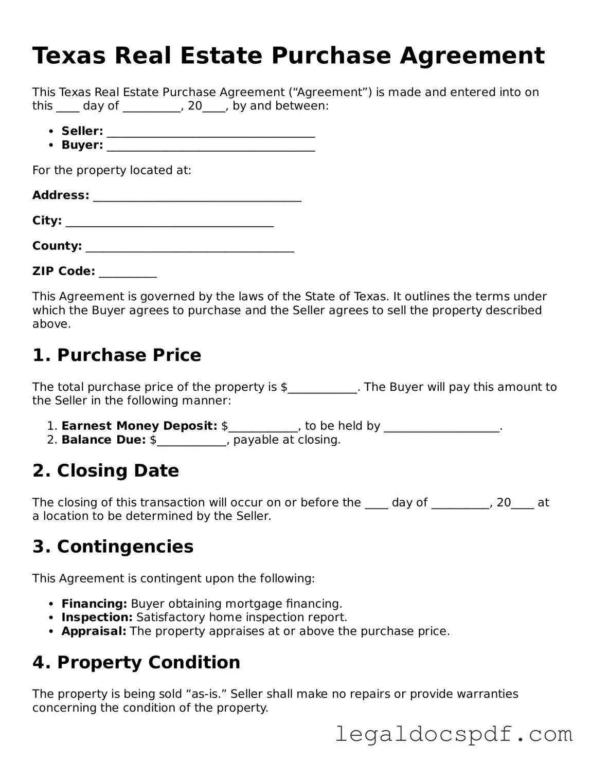 Legal Texas Real Estate Purchase Agreement Form