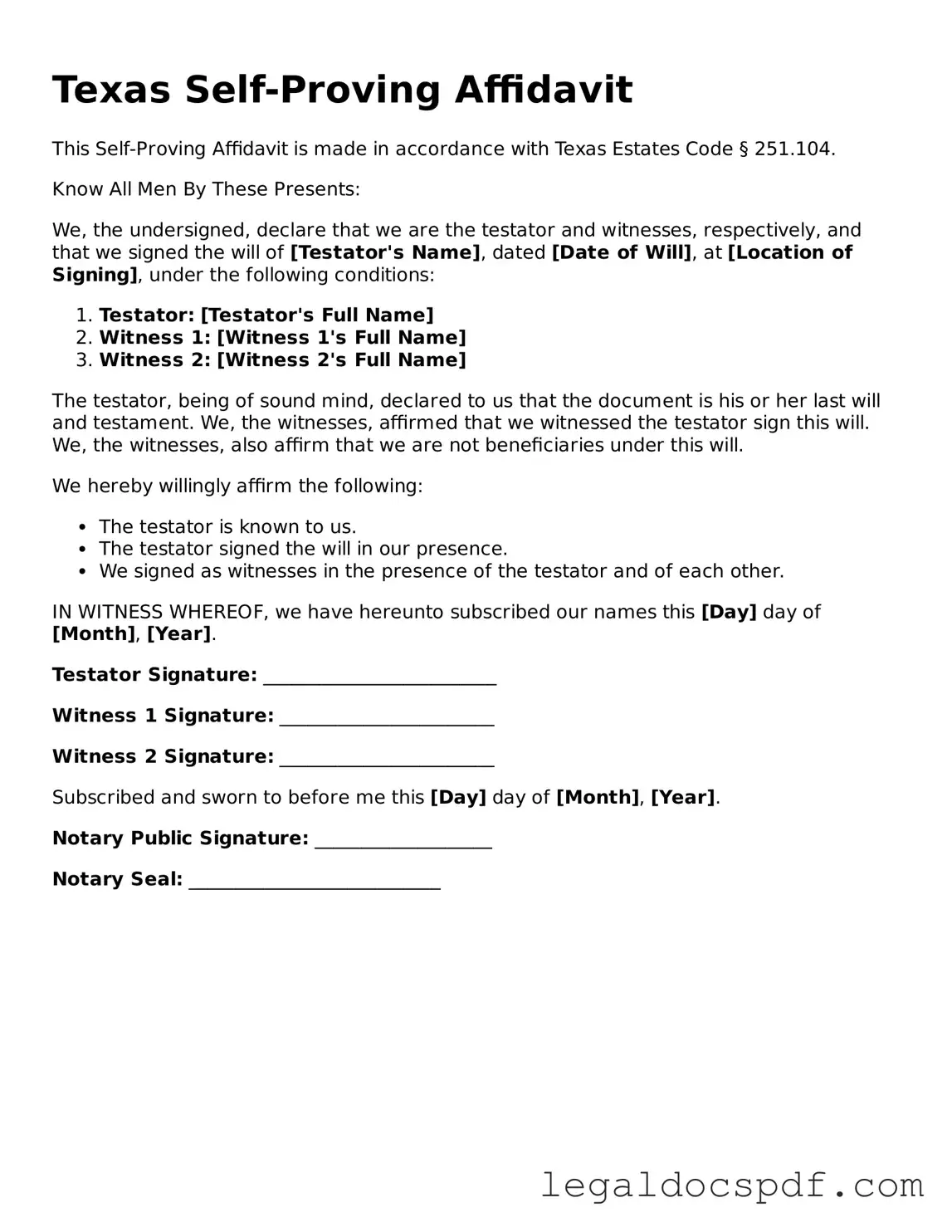 Legal Texas Self-Proving Affidavit Form