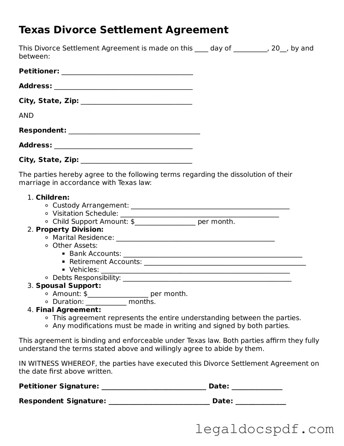 Legal Texas Divorce Settlement Agreement Form