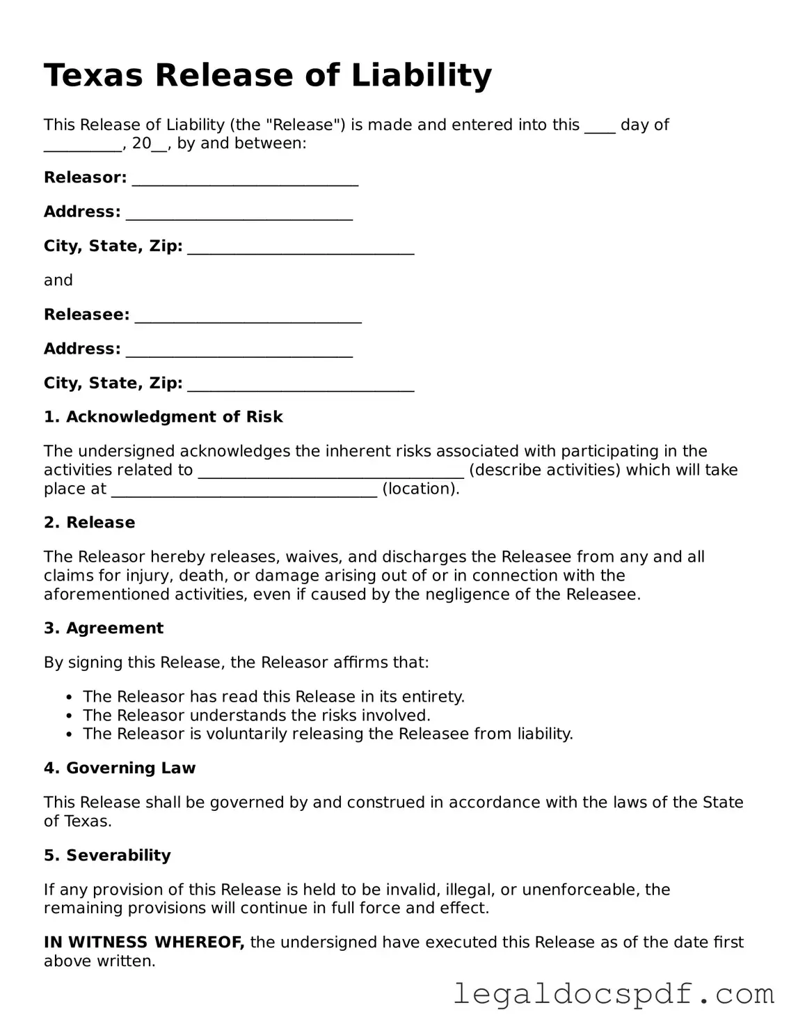 Legal Texas Release of Liability Form