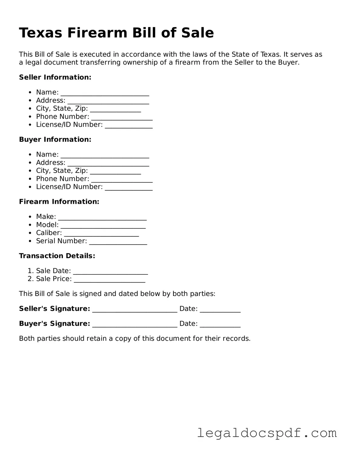 Legal Texas Firearm Bill of Sale Form