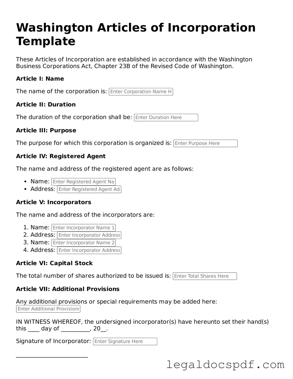 Legal Washington Articles of Incorporation Form