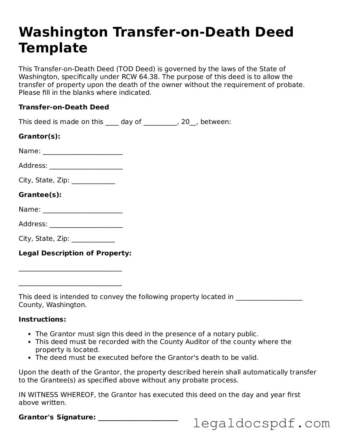 Legal Washington Transfer-on-Death Deed Form