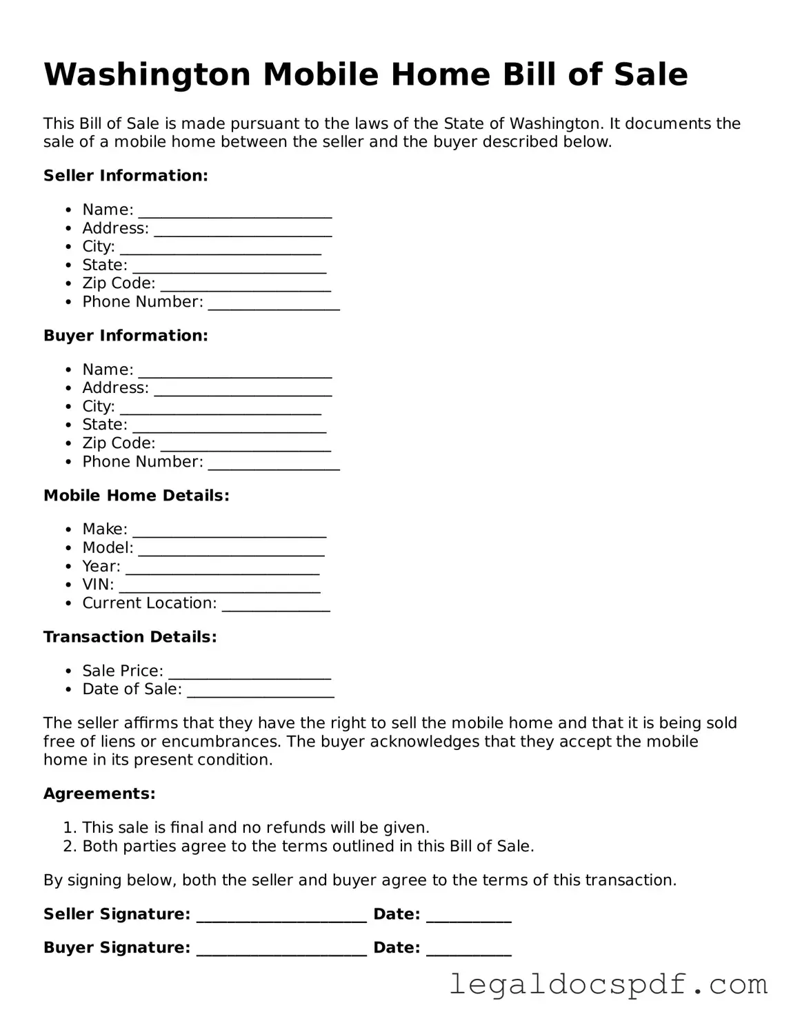 Legal Washington Mobile Home Bill of Sale Form