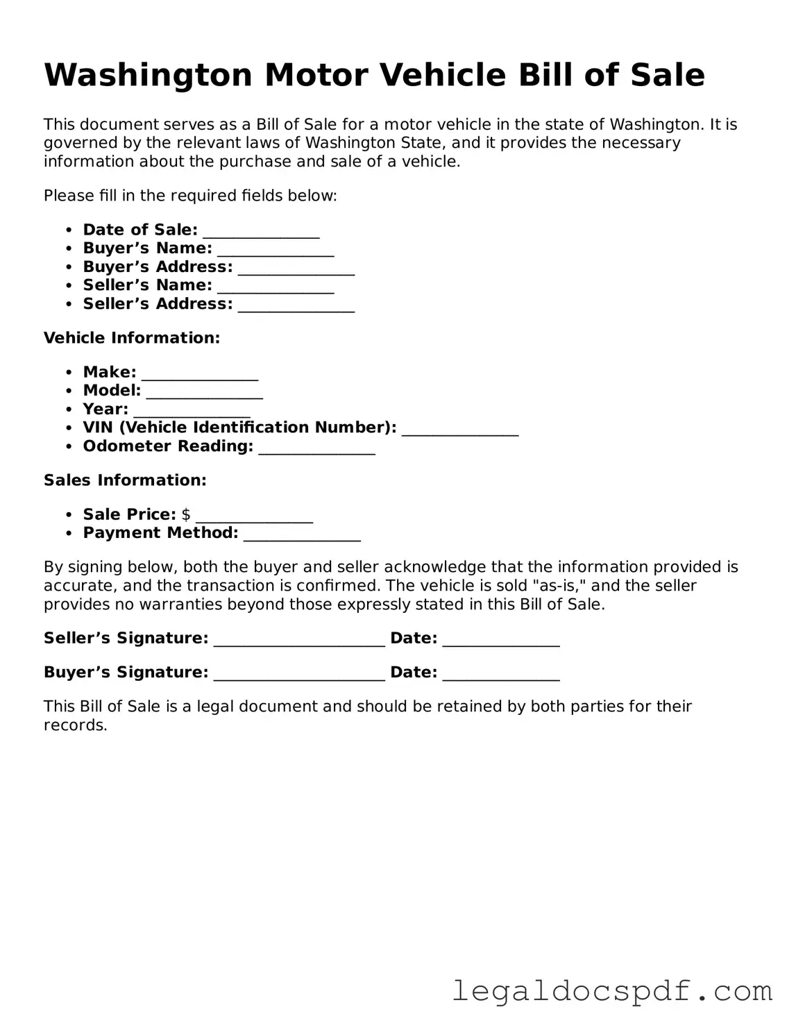 Legal Washington Motor Vehicle Bill of Sale Form
