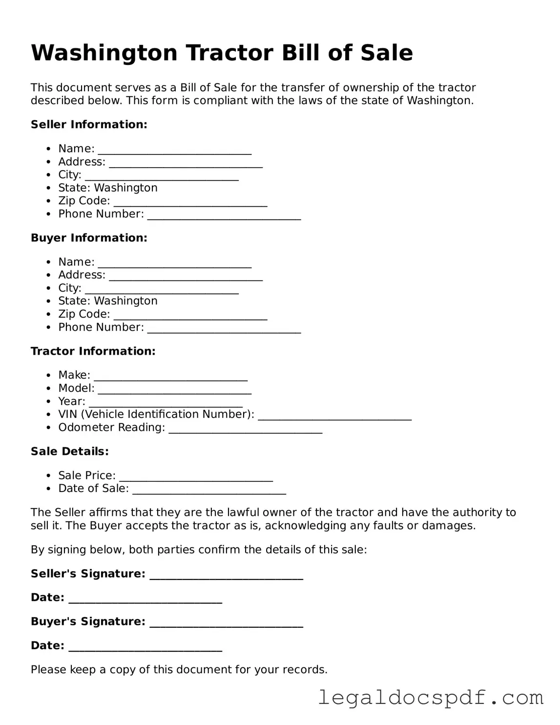 Legal Washington Tractor Bill of Sale Form