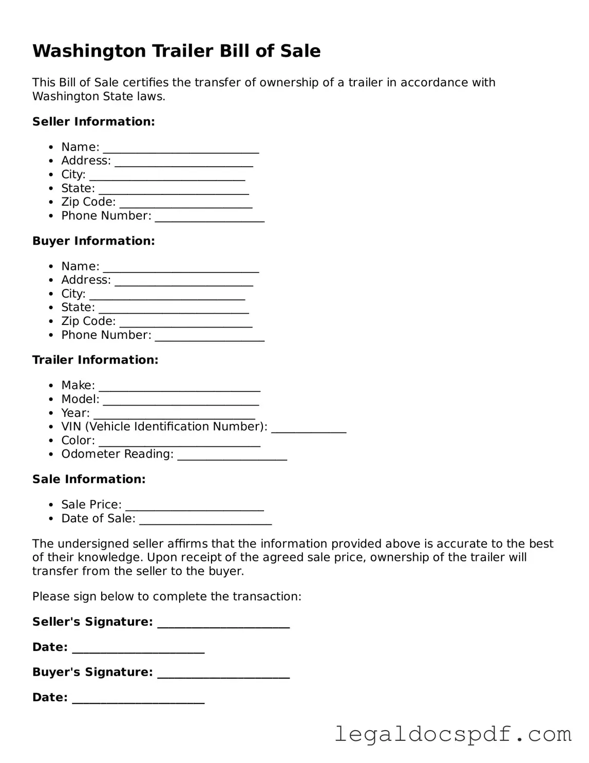 Legal Washington Trailer Bill of Sale Form