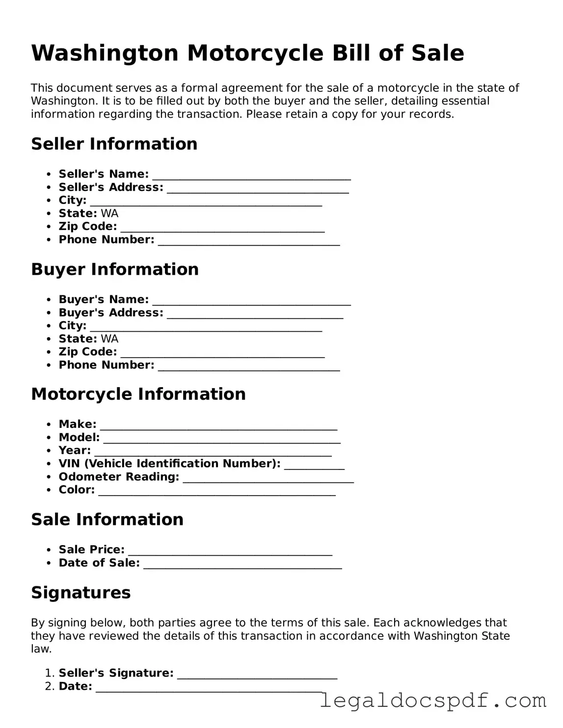Legal Washington Motorcycle Bill of Sale Form