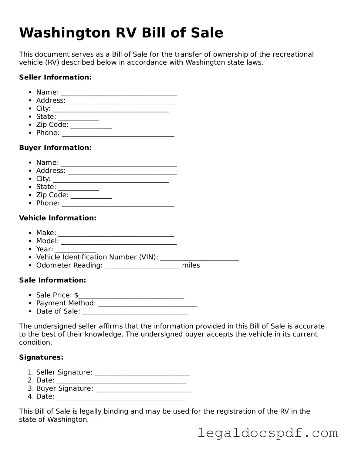 Legal Washington RV Bill of Sale Form