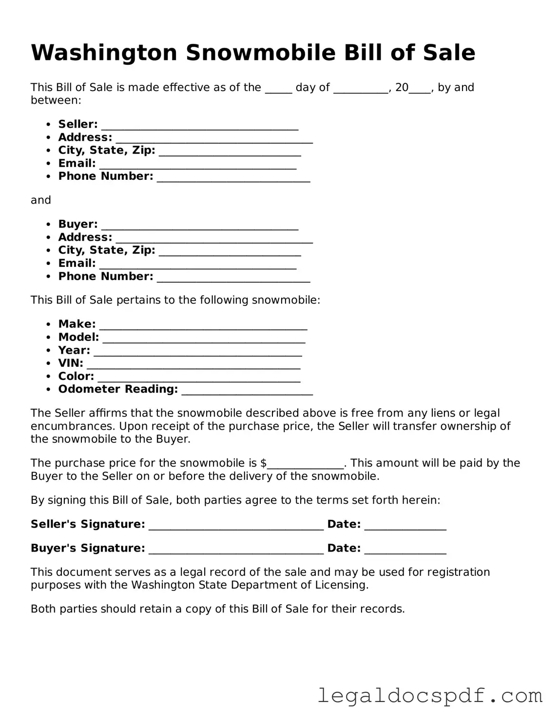 Legal Washington Snowmobile Bill of Sale Form