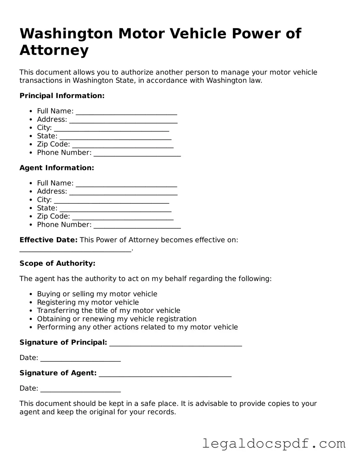Legal Washington Motor Vehicle Power of Attorney Form