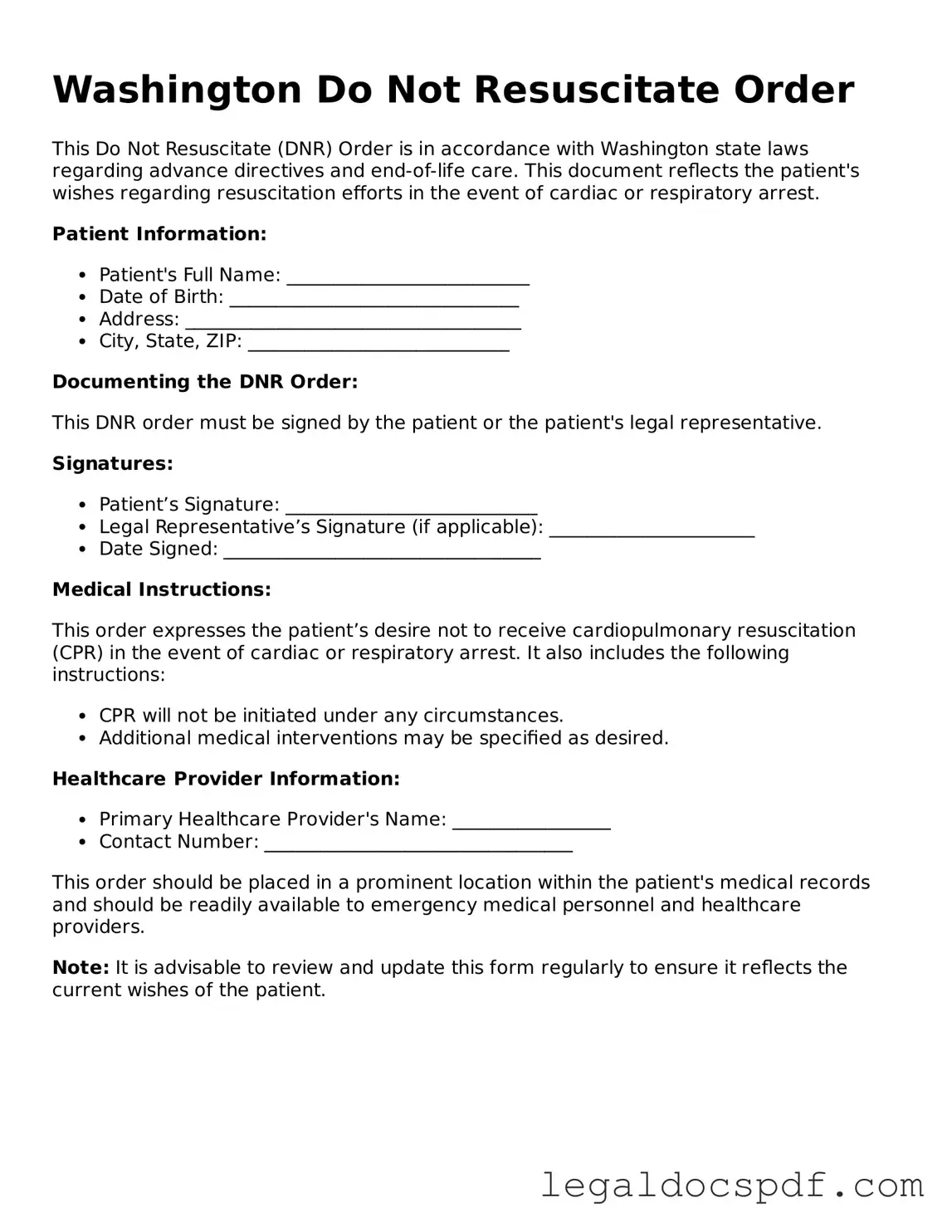 Legal Washington Do Not Resuscitate Order Form