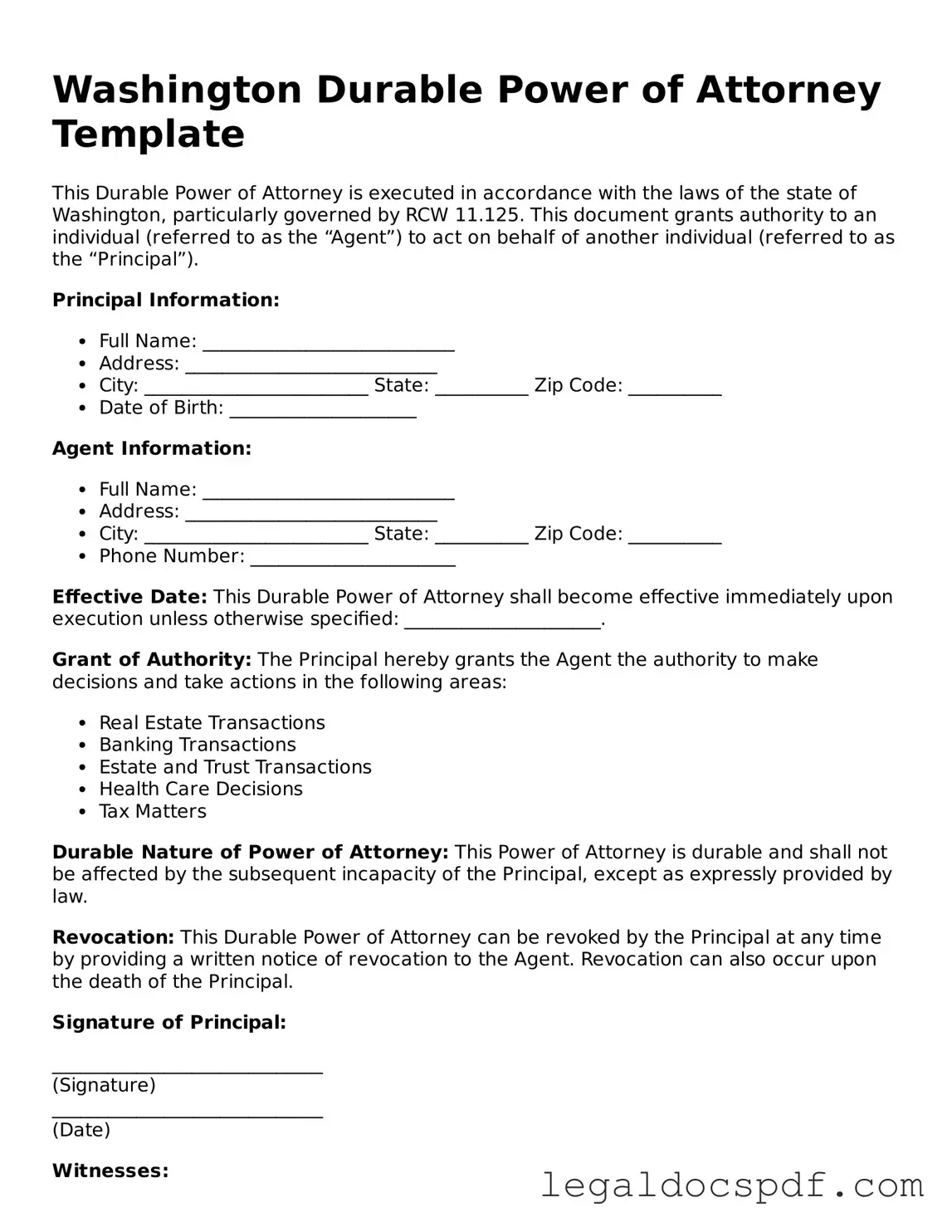 Legal Washington Durable Power of Attorney Form