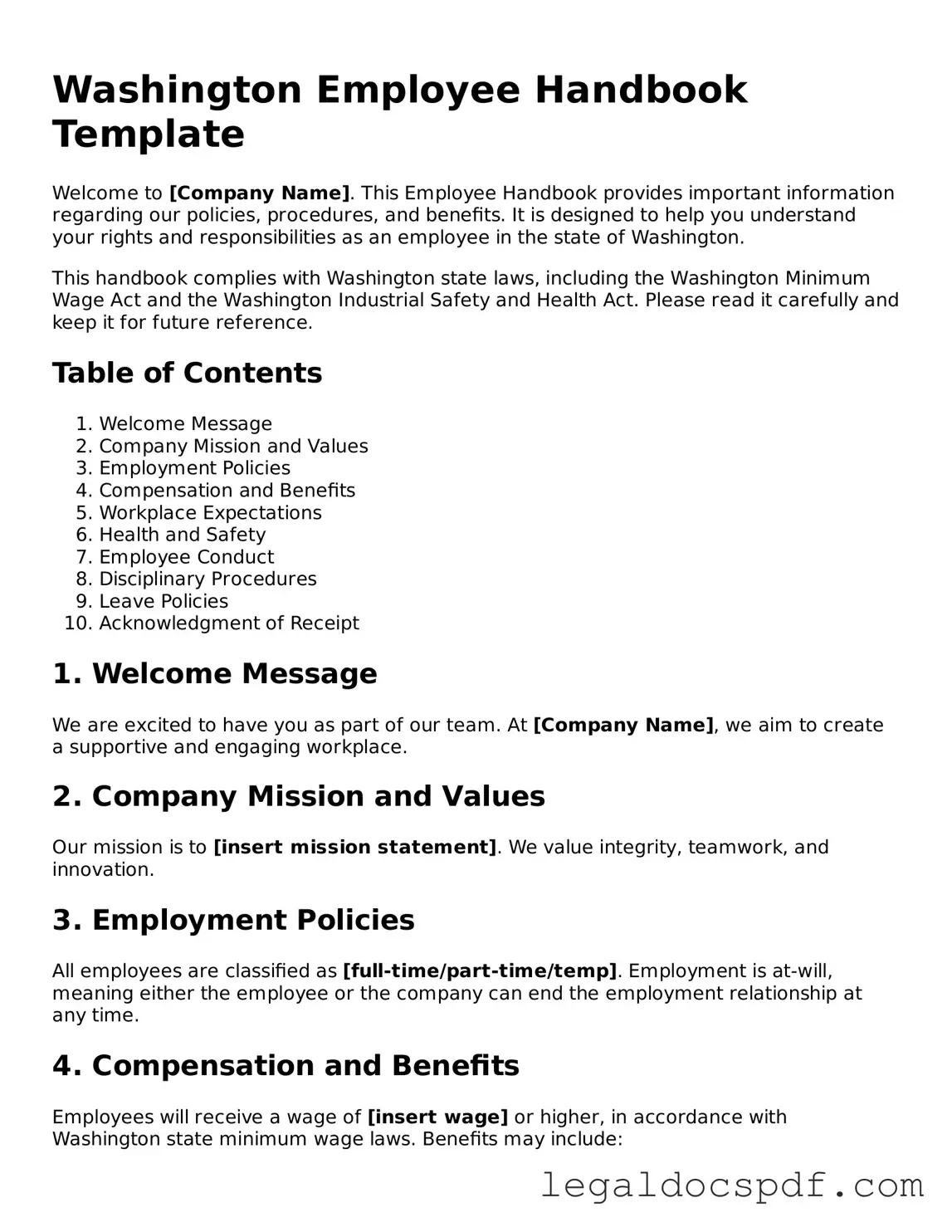 Legal Washington Employee Handbook Form