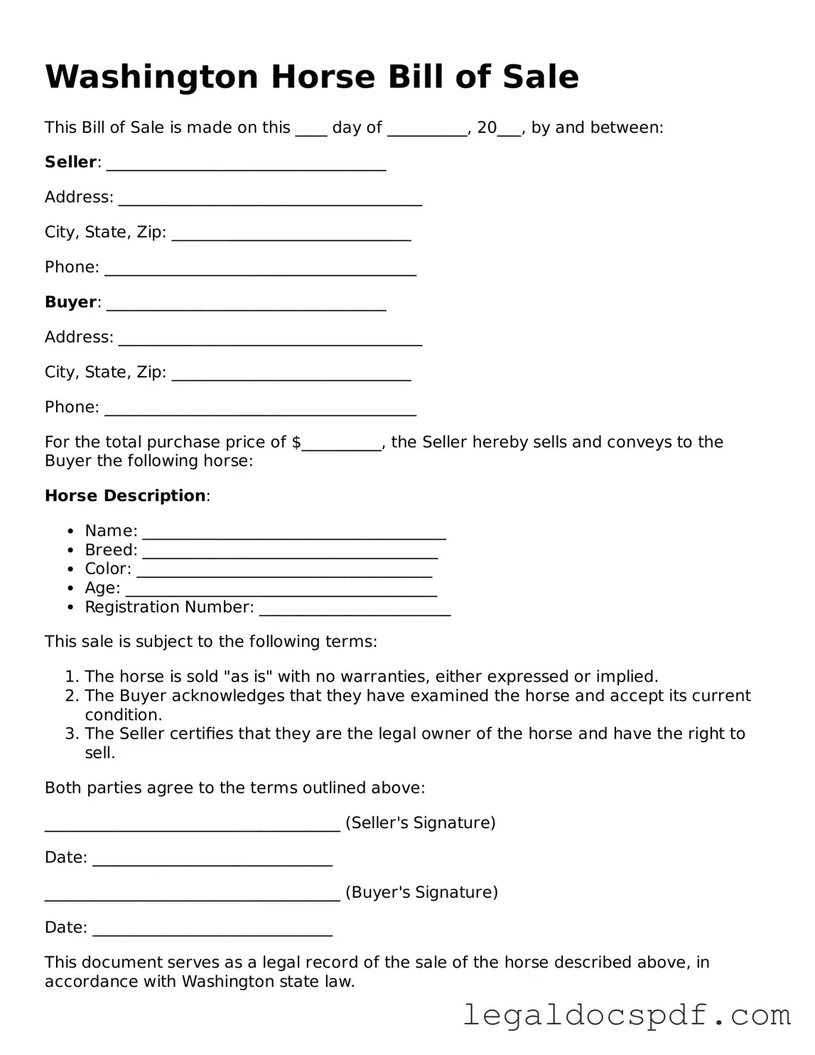 Legal Washington Horse Bill of Sale Form