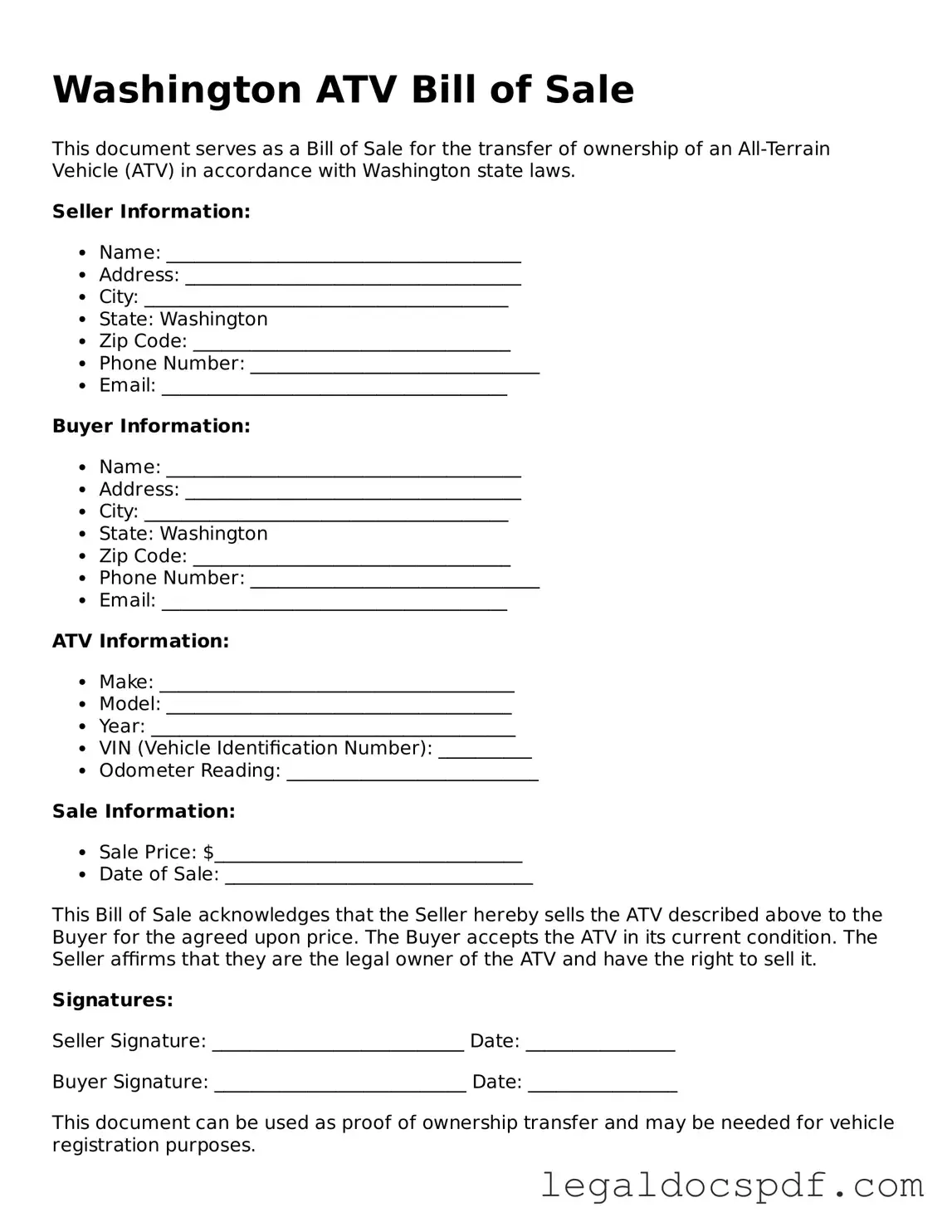Legal Washington ATV Bill of Sale Form