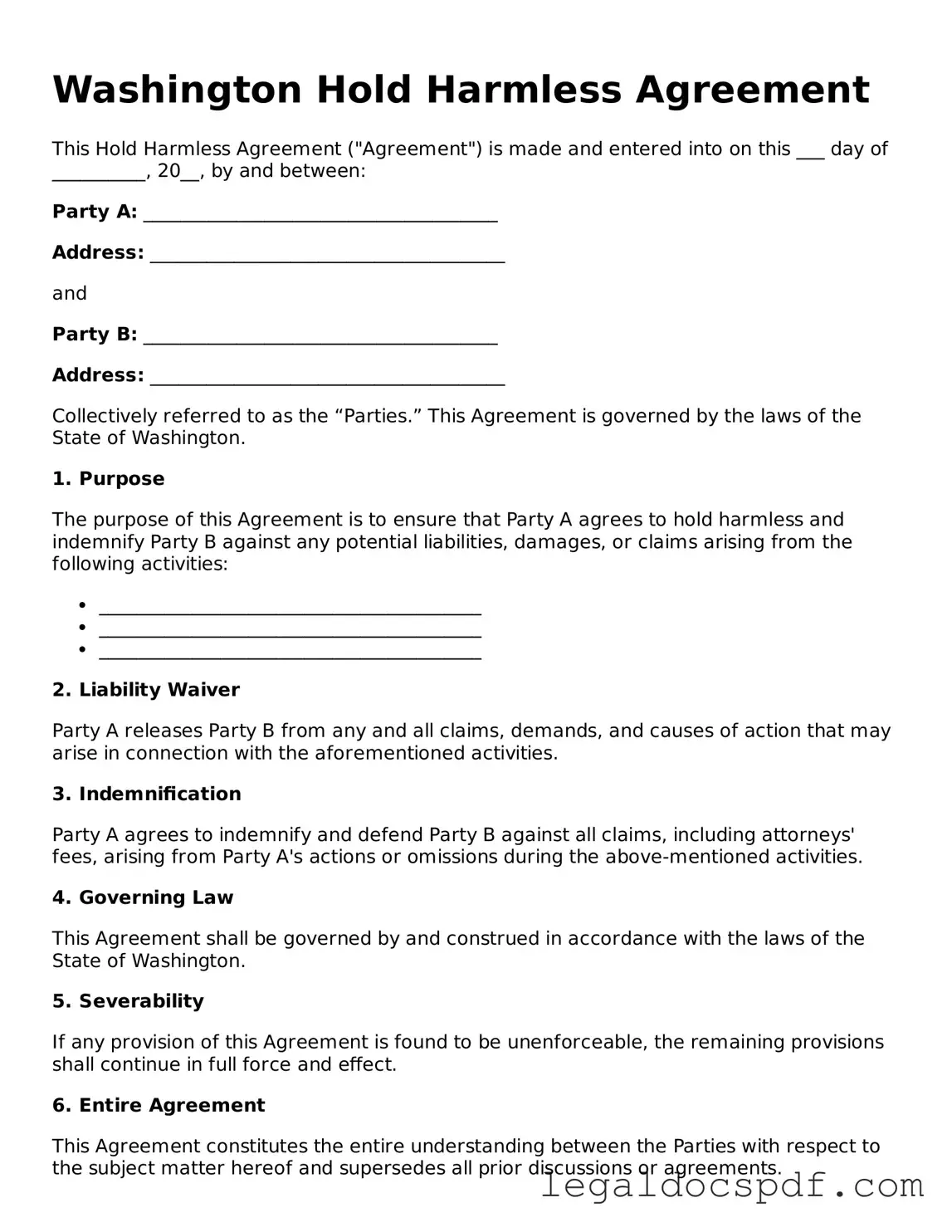 Legal Washington Hold Harmless Agreement Form