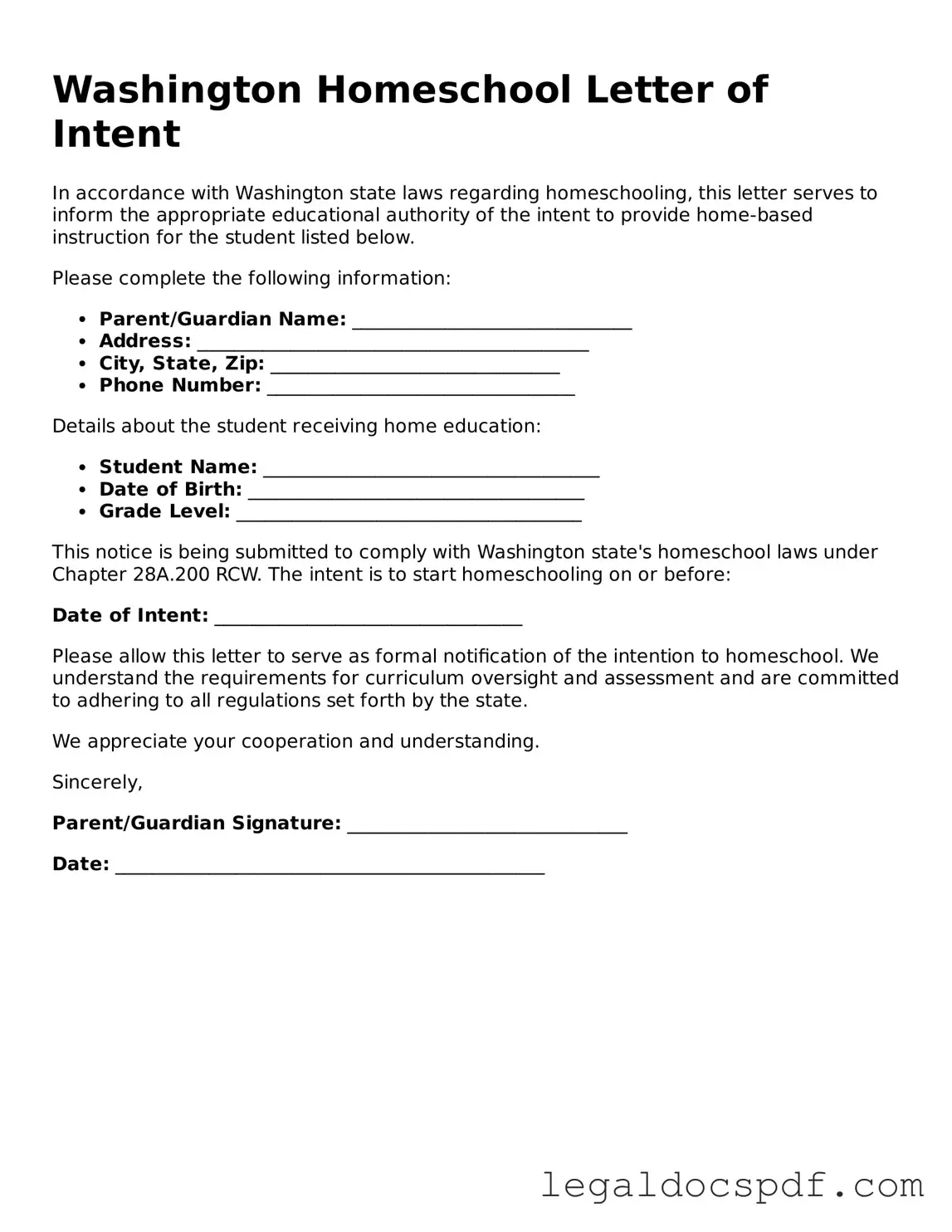 Legal Washington Homeschool Letter of Intent Form