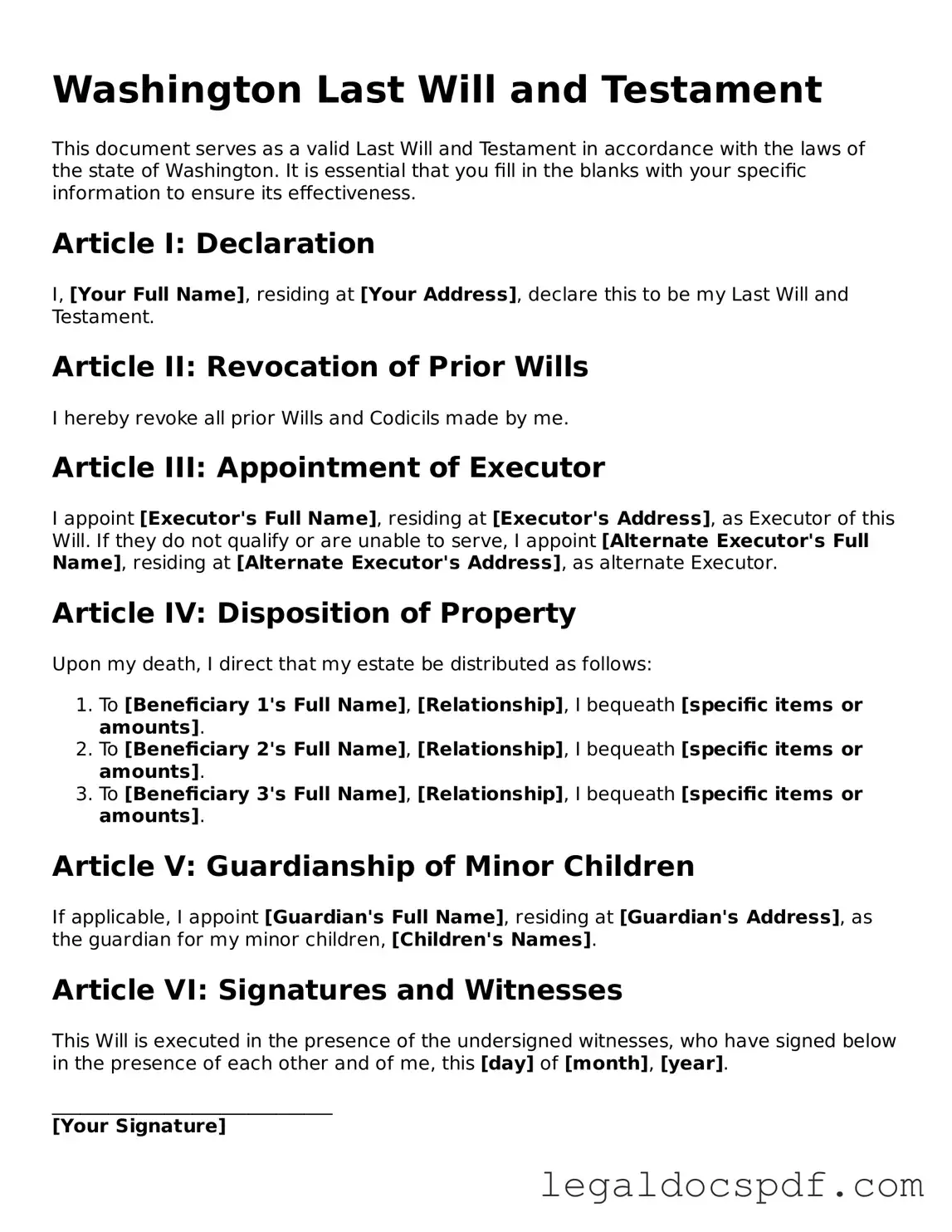 Legal Washington Last Will and Testament Form