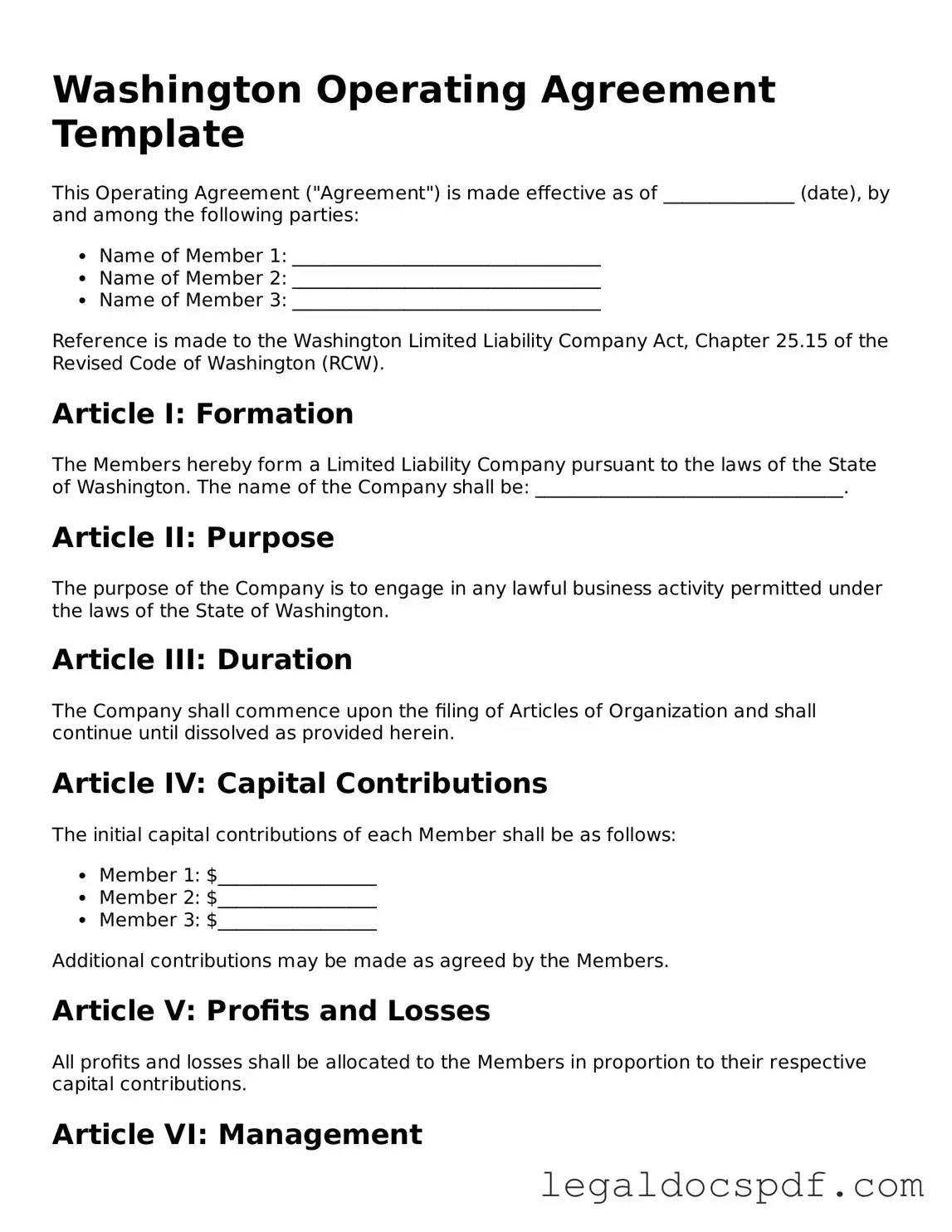 Legal Washington Operating Agreement Form